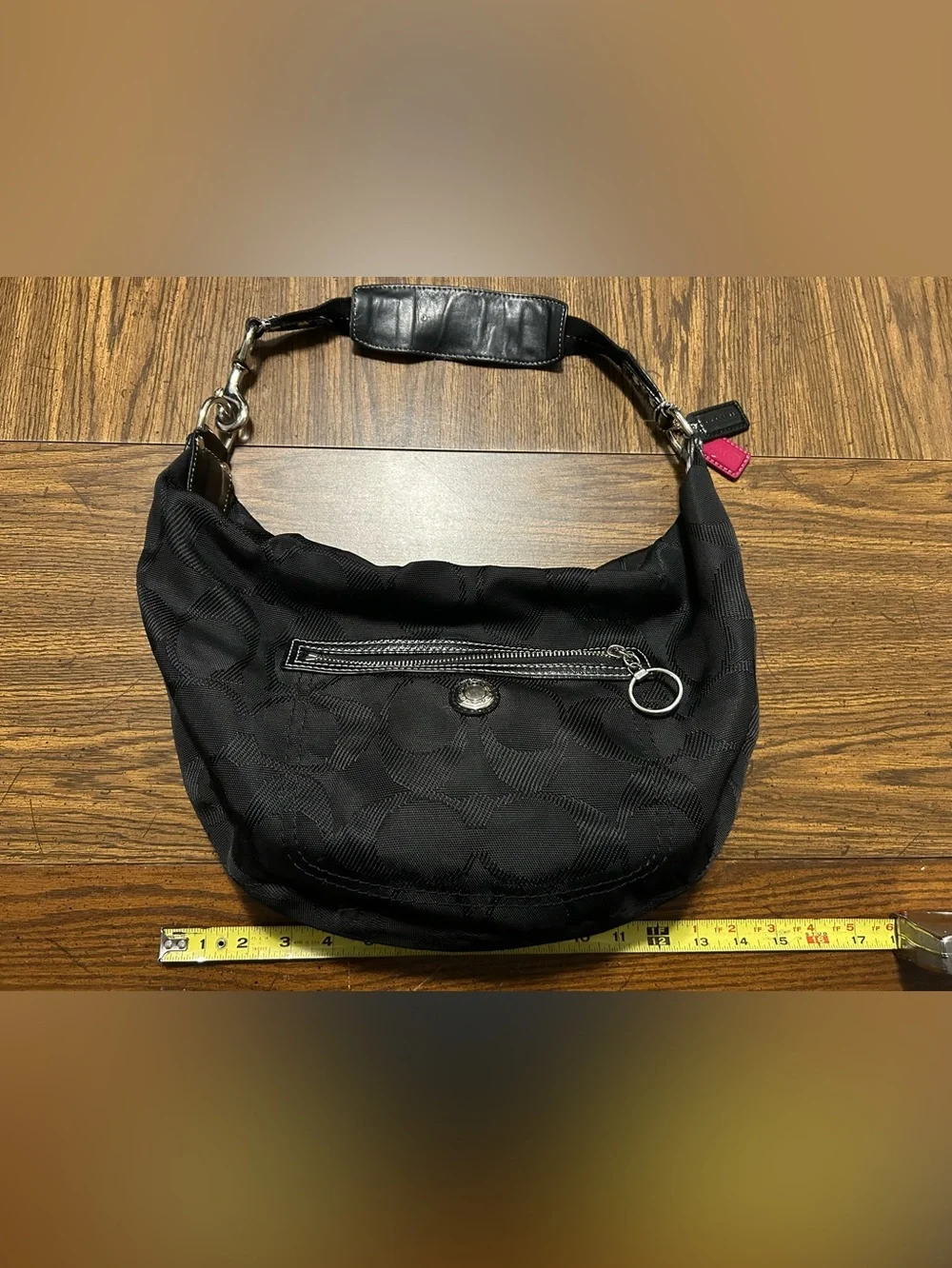 Coach Black Signature Canvas Hobo with Silver Hardware pink inside